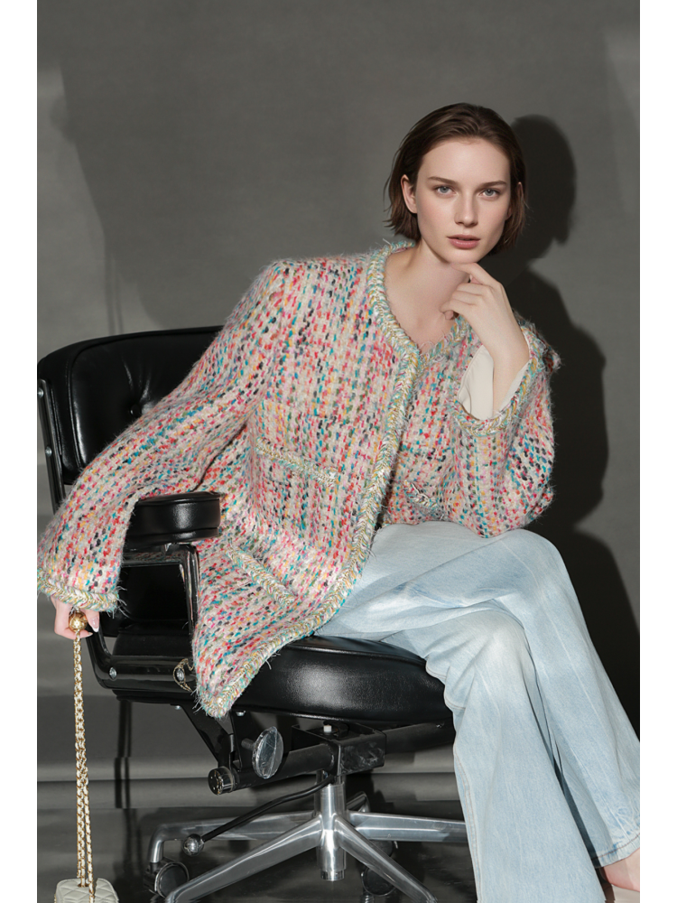Luxury Tweed Short Jacket for Women – Handwoven Colorful Yarn Chanel-Inspired Round Neck Blazer, Autumn Fashion