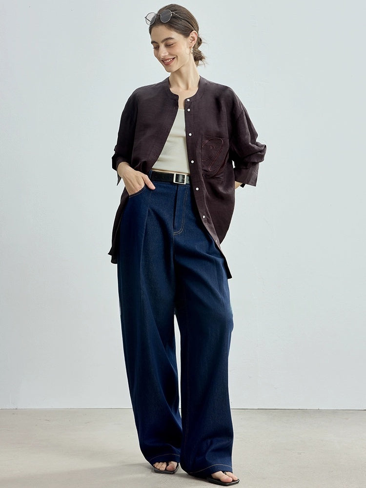 Minimalist Style Early Autumn Embroidered Stand Collar Shirt & Skirt Set (Sold Separately)