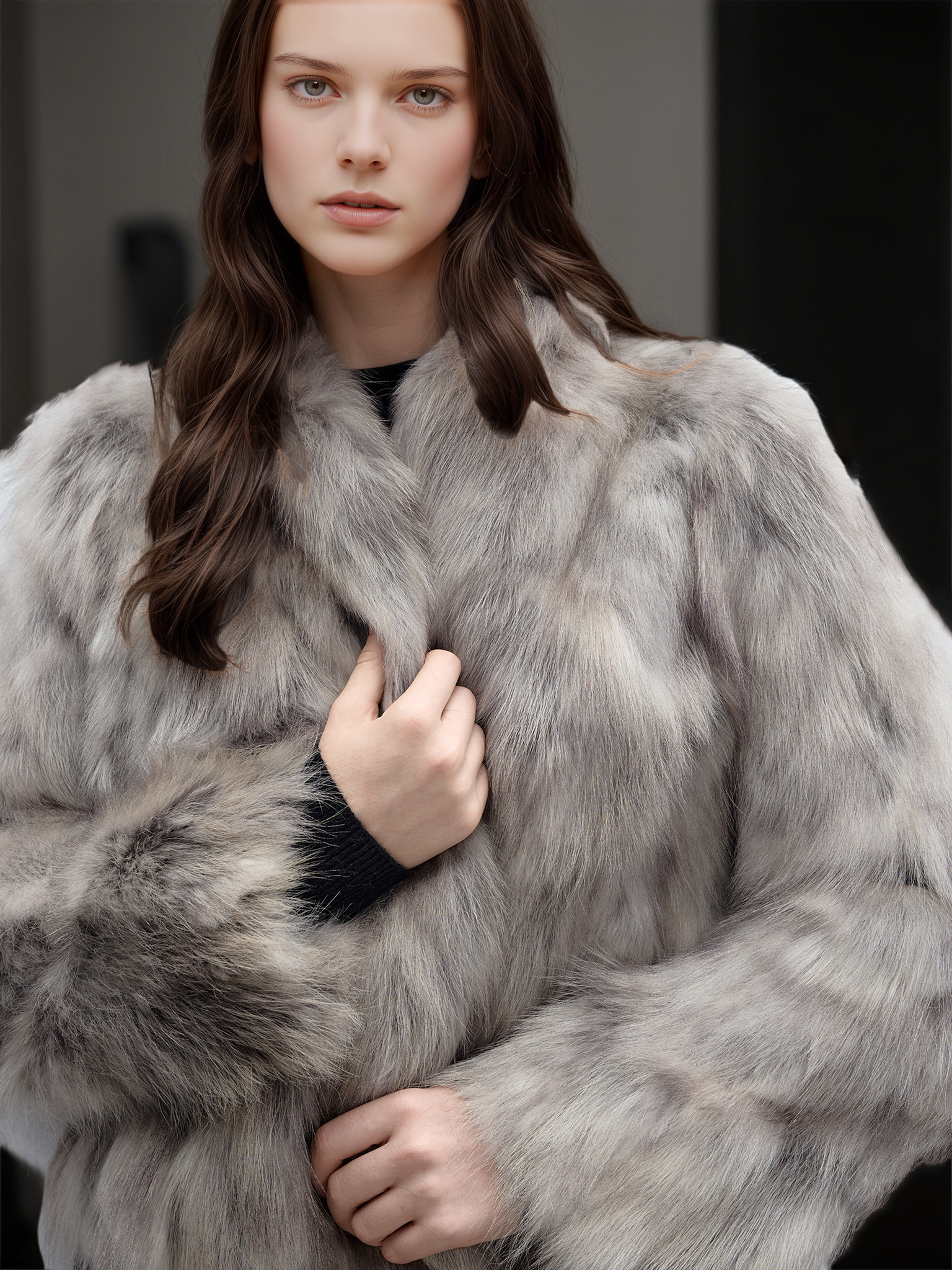 Women’s Raccoon Fur Jacket | Short Two-Tone Ombre V-Neck Winter Coat