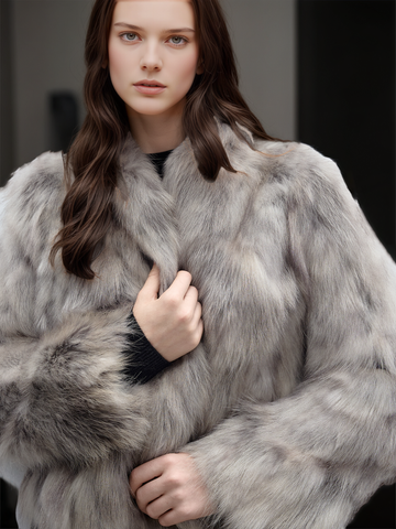 Women’s Raccoon Fur Jacket | Short Two-Tone Ombre V-Neck Winter Coat
