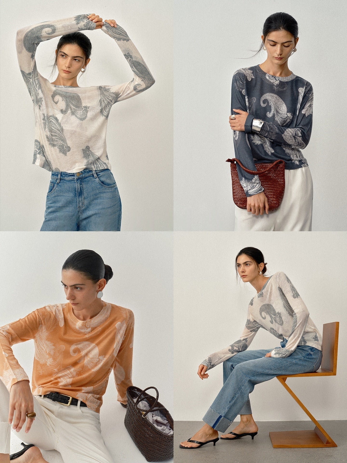 Hand-Painted Cashew Flower Print Wool Sweater – 16-Gauge Fine Knit Pullover with Waist Floral Design for Women