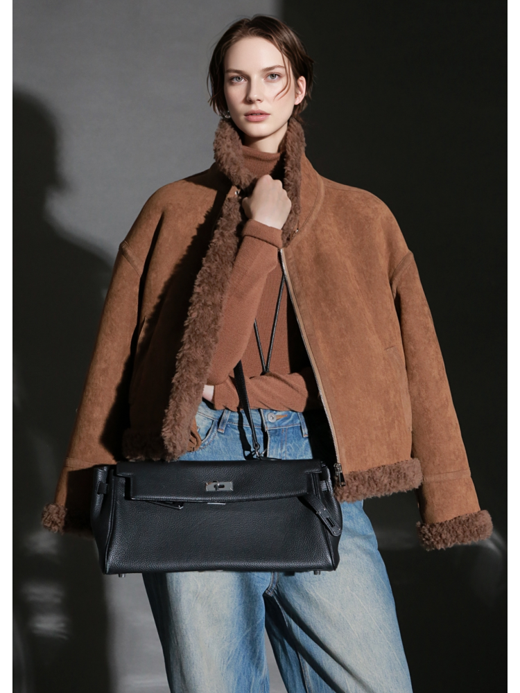 Vintage Suede Faux Shearling Jacket for Women – Short Stand Collar Plush Coat with Strap Detail, Thick Warm Winter Outerwear