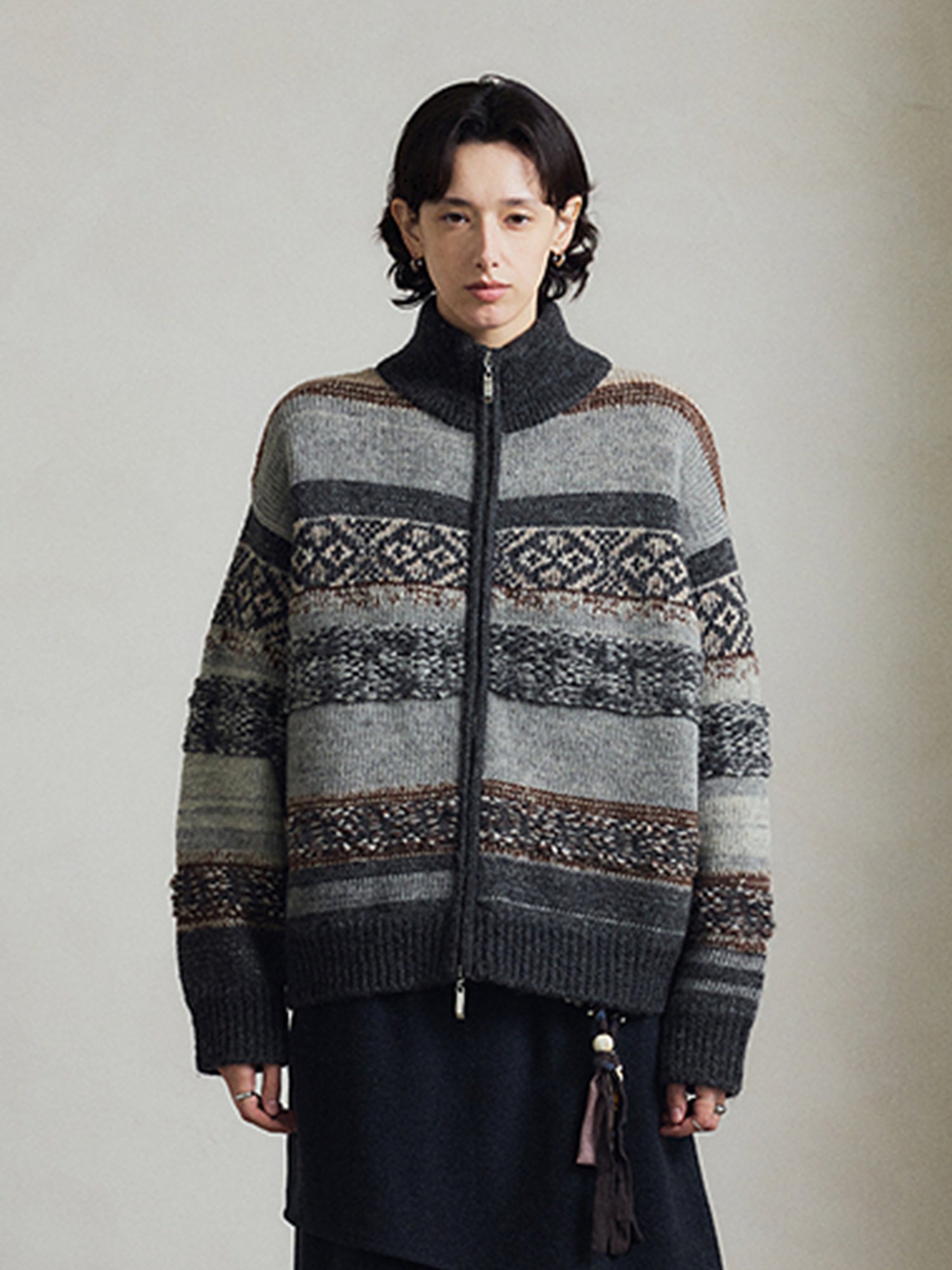 Fair Isle Geometric Knit Vintage High-Neck Sweater Jacket – Double Zipper Stand-Collar Knit for Fall/Winter