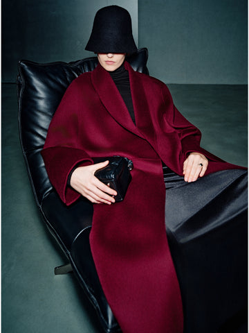 100% Cashmere Double-Faced Wool Coat for Women – Long Wine Red Overcoat
