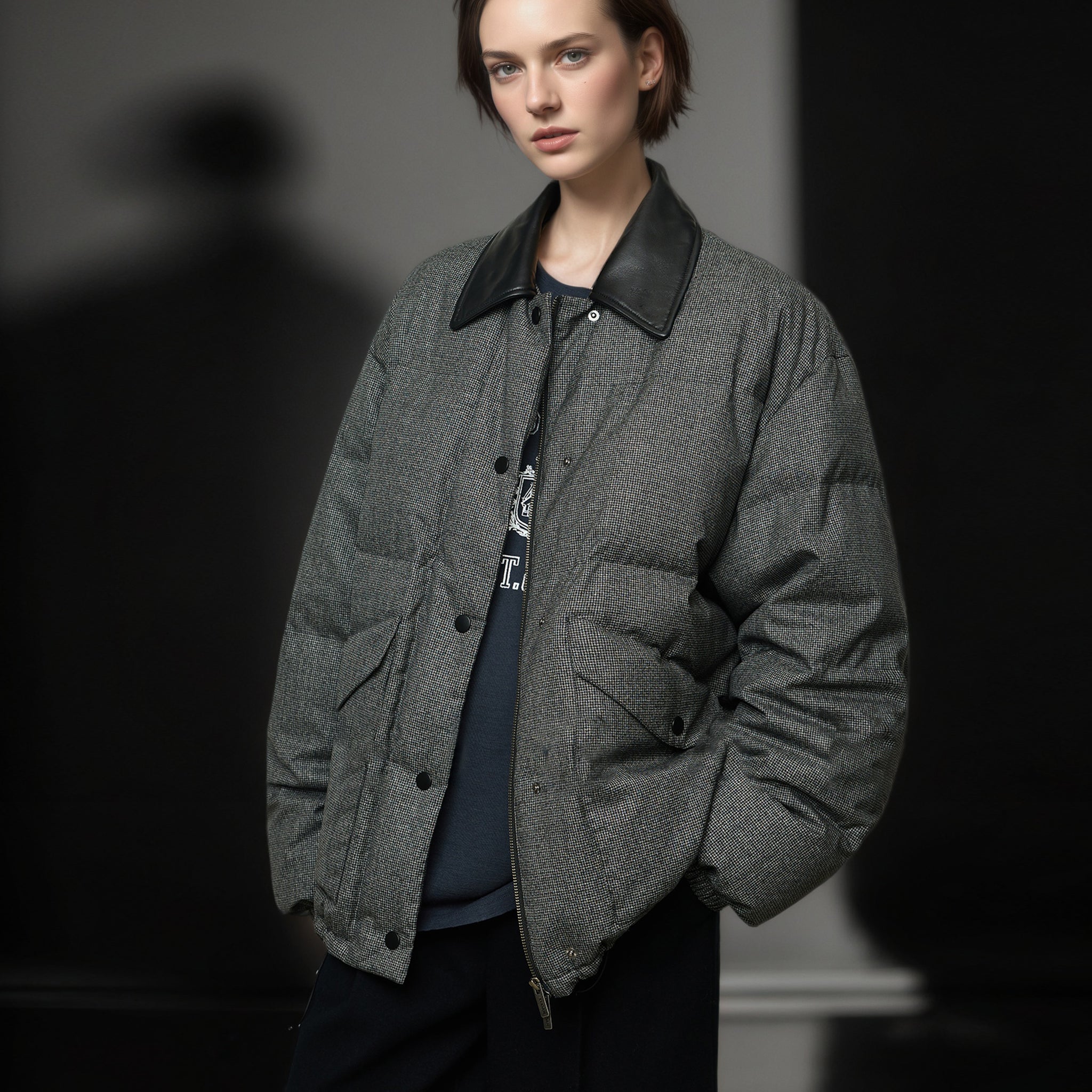 95% White Goose Down Lightweight Puffer Jacket for Women with Leather-Trim Collar and Relaxed MIU-Inspired Design