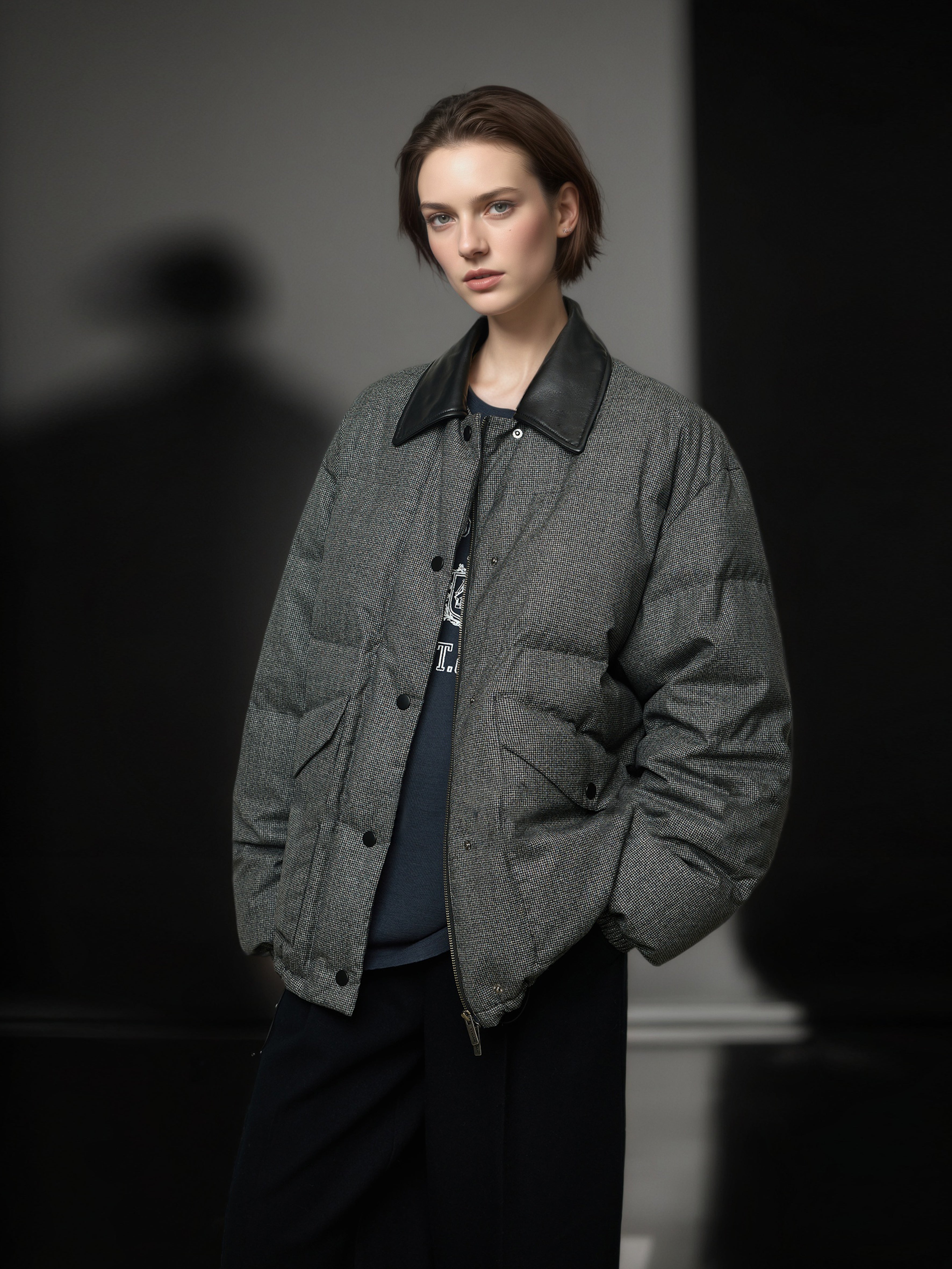 95% White Goose Down Lightweight Puffer Jacket for Women with Leather-Trim Collar and Relaxed MIU-Inspired Design