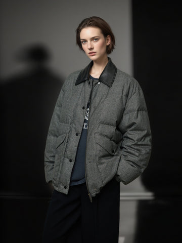 95% White Goose Down Lightweight Puffer Jacket for Women with Leather-Trim Collar and Relaxed MIU-Inspired Design