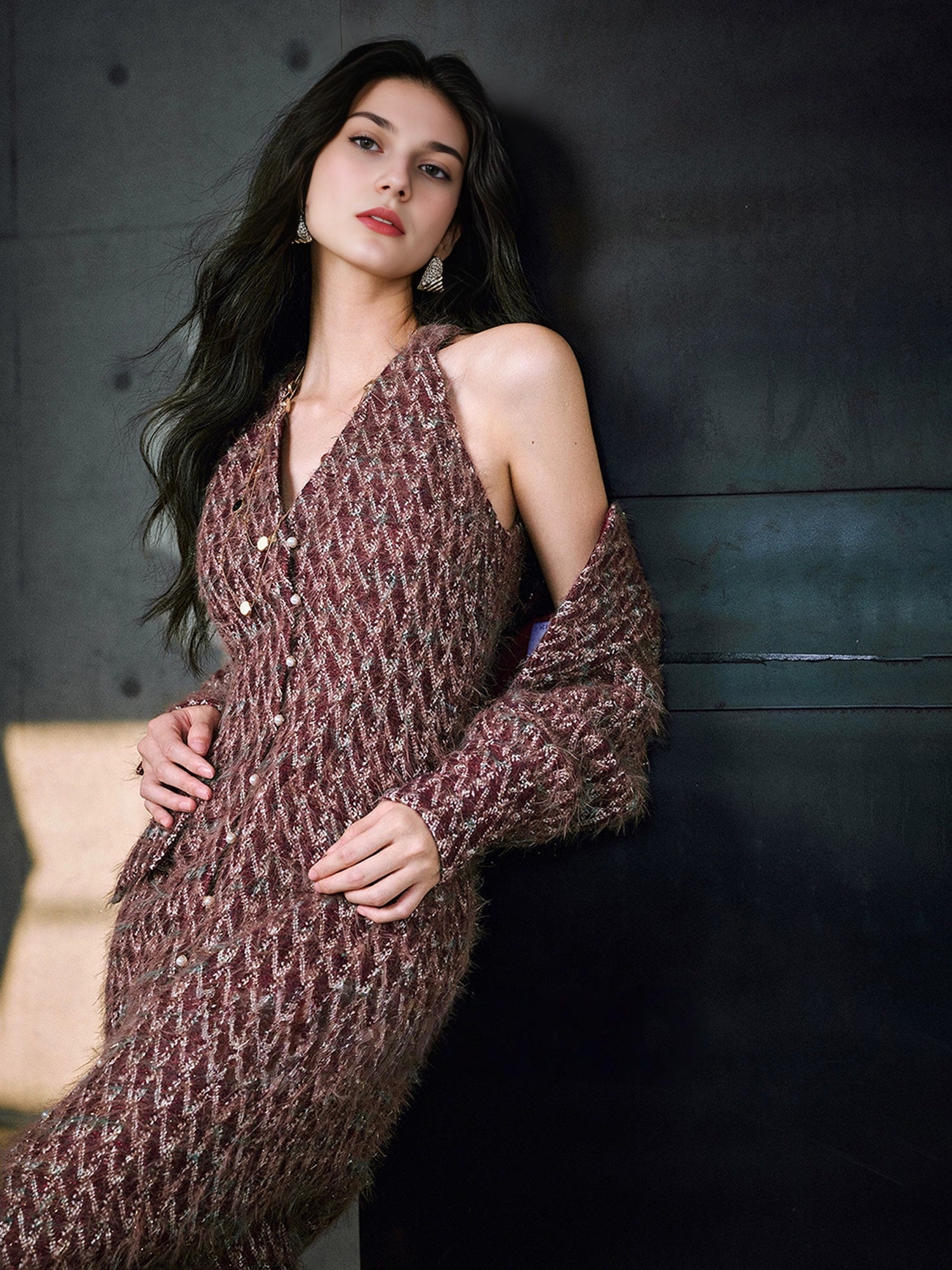 Luxury Wool Jacquard Tweed Set – Long-Hair Color-Yarn Bouclé Short Boxy Jacket & Halter Dress