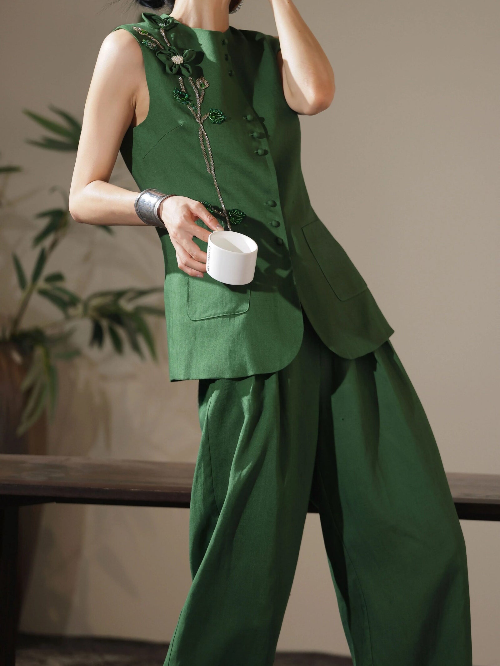 Embroidered Linen-Blend Vest and Wide-Leg Pants – Made to Measure