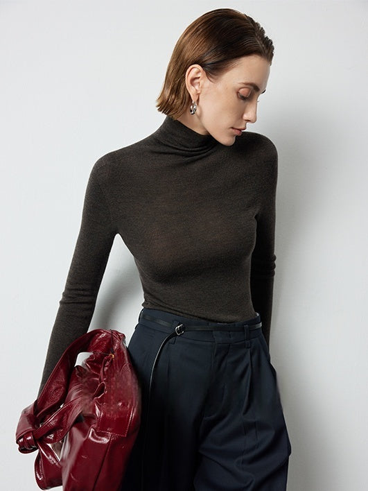Slim-Fit Seamless Merino Wool Knit | Semi-High Neck Base Layer for Women | Autumn Winter Essential