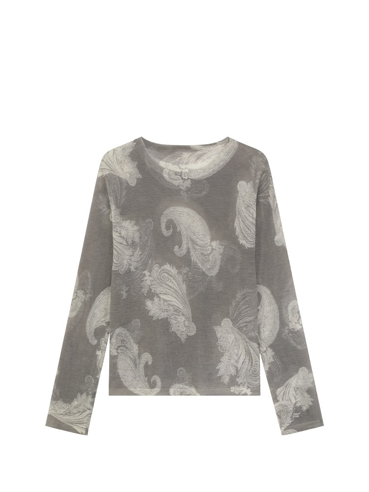 Hand-Painted Cashew Flower Print Wool Sweater – 16-Gauge Fine Knit Pullover with Waist Floral Design for Women