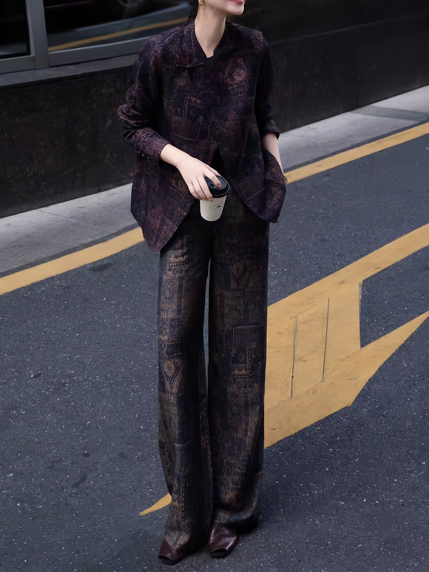 Vintage Floral Silk Hualuo Fabric Two-Piece Set for Women – Elegant Autumn Top & Wide-Leg Pants, High-End Luxe Style