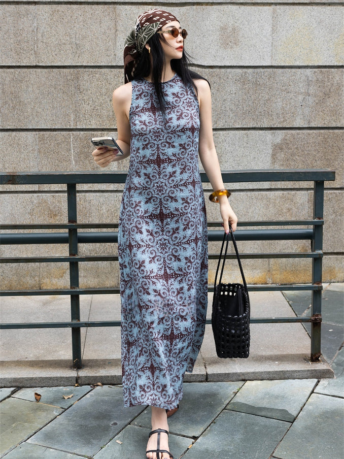 The Vintage Print Sleeveless Column Maxi Dress