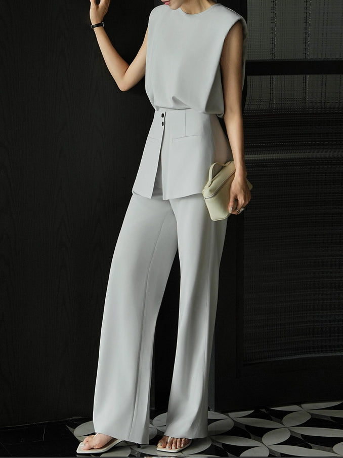 French Minimalist Sleeveless Top and Tailored Wide-Leg Pants Set