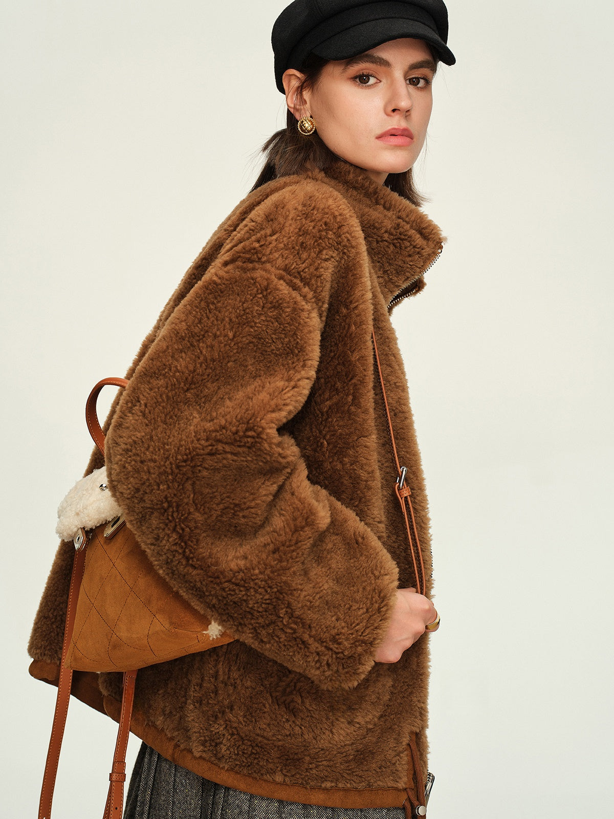 100% Wool-Lined Vintage Brown Faux Suede Jacket – Thick Reversible Shearling-Style Coat for Women