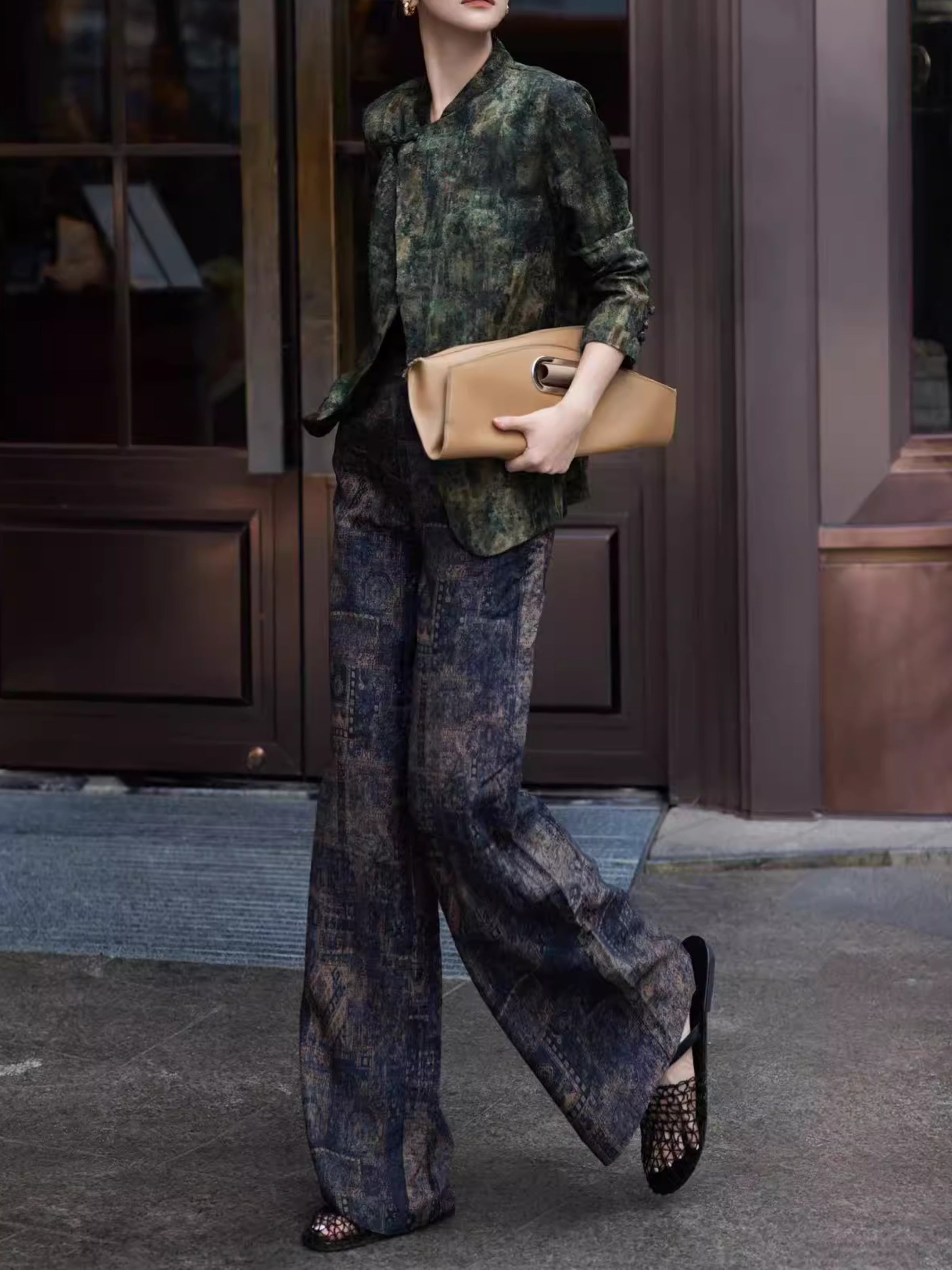 Vintage Floral Silk Hualuo Fabric Two-Piece Set for Women – Elegant Autumn Top & Wide-Leg Pants, High-End Luxe Style