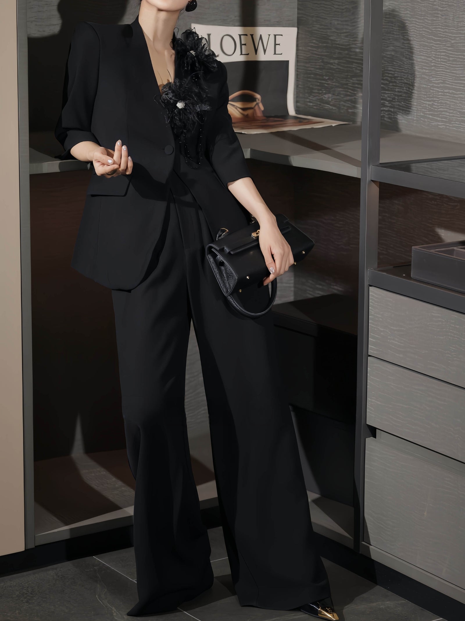 Pearl Floral Collarless Blazer & Wide-Leg Pants – Made to Measure