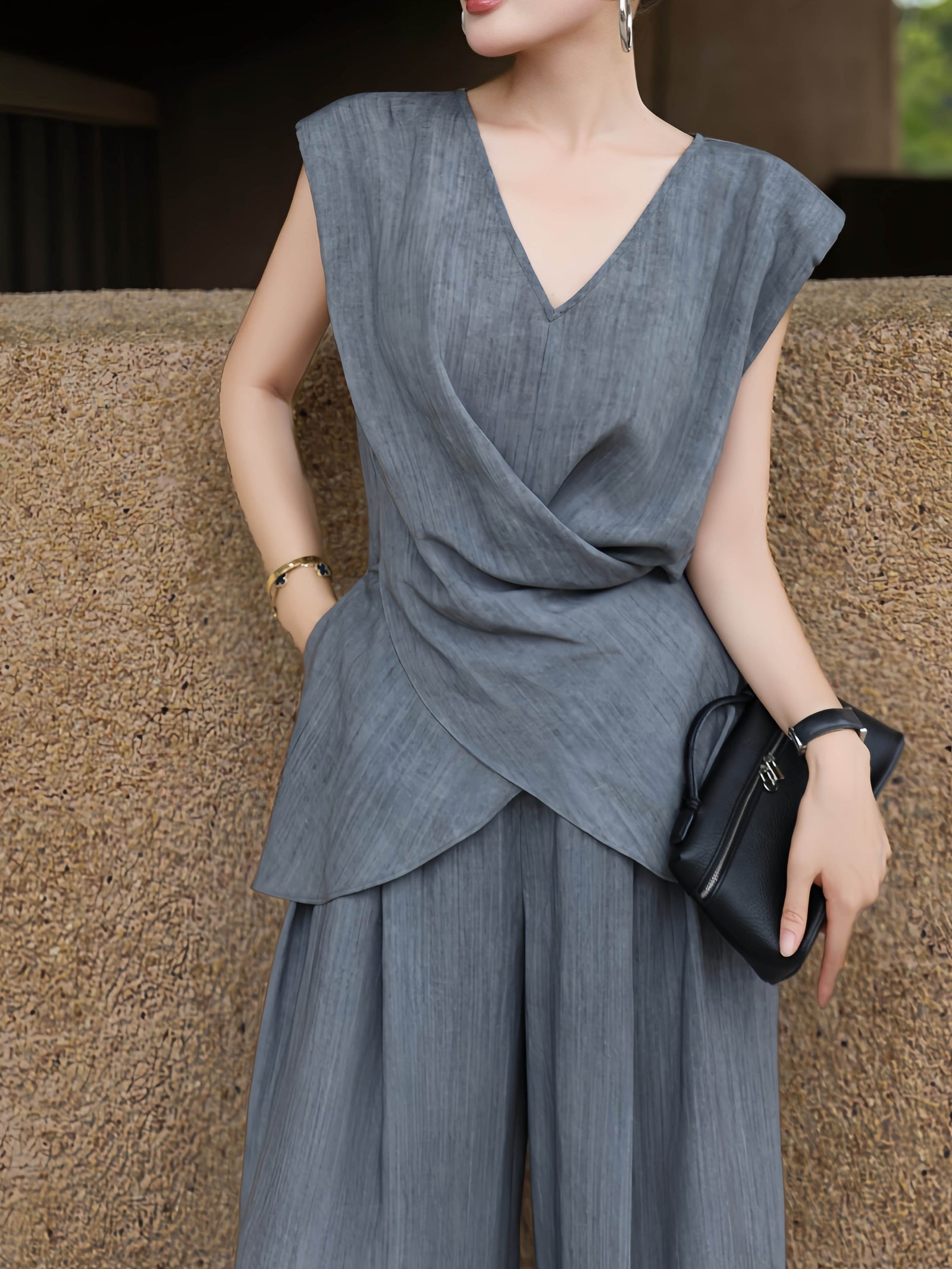 Tencel Linen Wrap Top and Wide-Leg Pants Set – Made to Measure