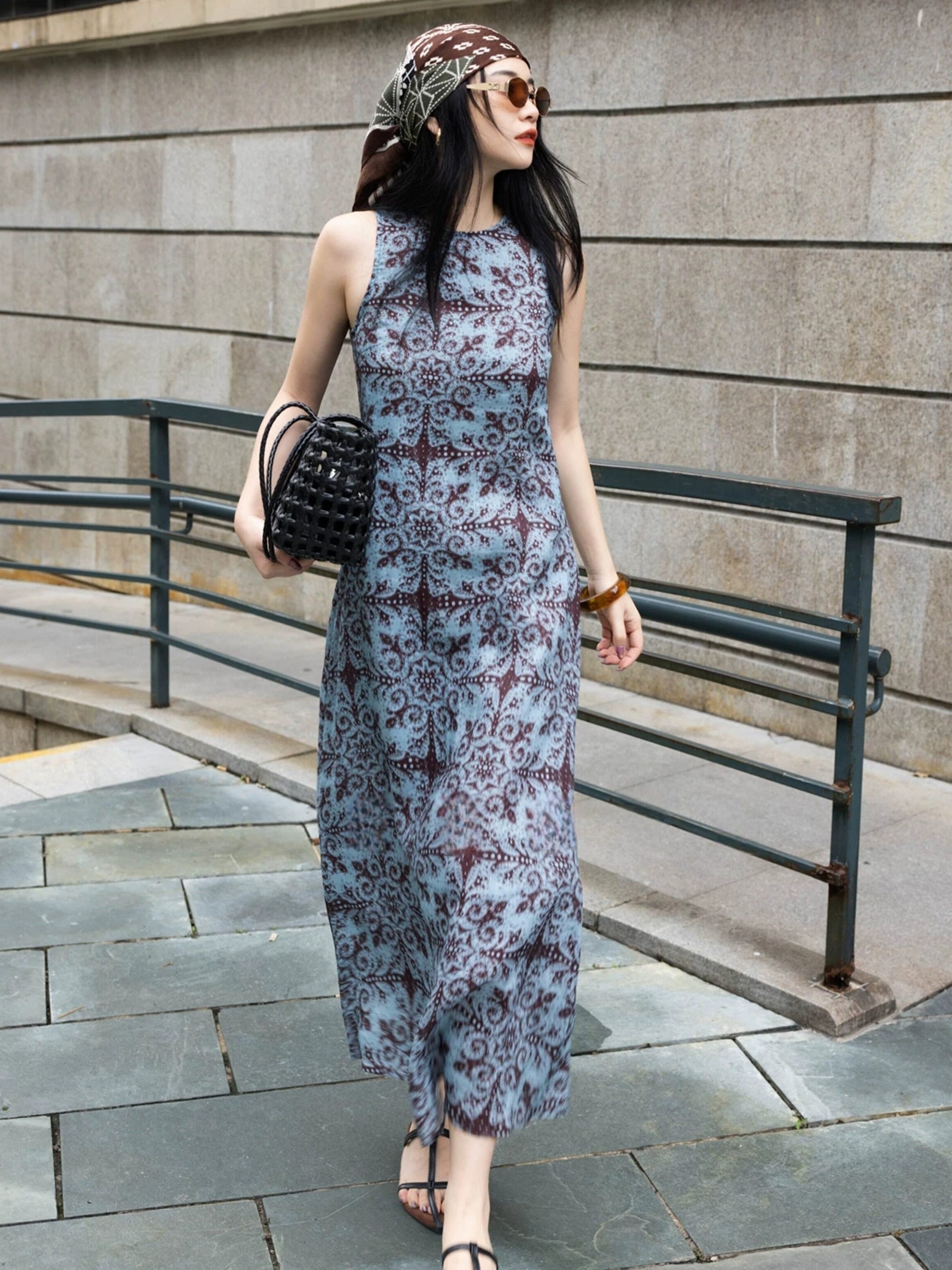 Vintage-Print Sleeveless Column Maxi Dress – Made to Measure