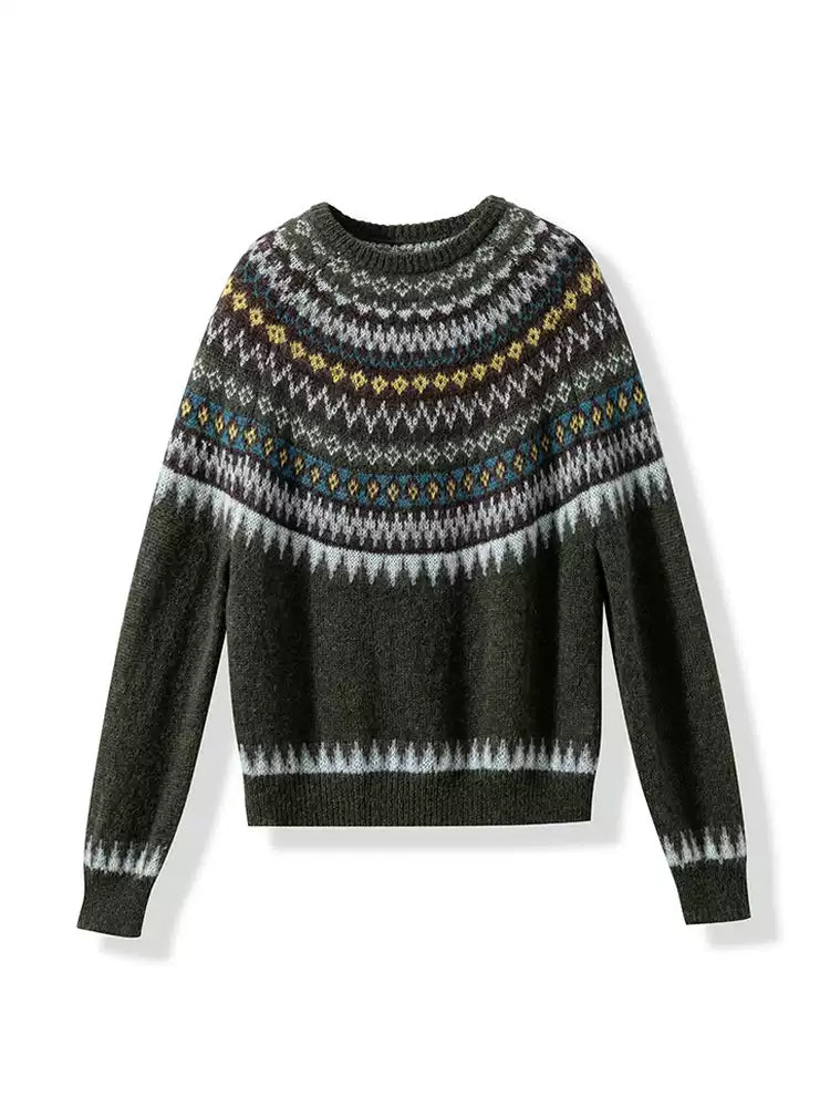 Fair Isle Geometric Knit Sweater for Women – Wool Mohair Blend Raglan Crewneck Pullover