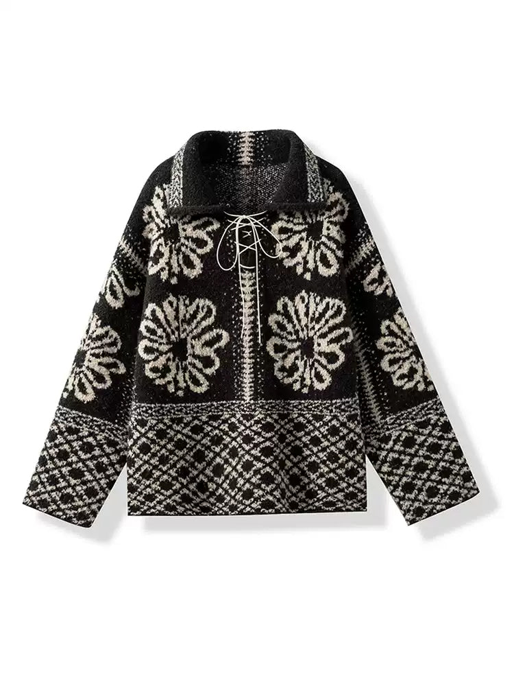 Paris Snow Velvet Fair Isle Knit | French-Style Tie Polo Collar Loose Slimming Pullover Sweater