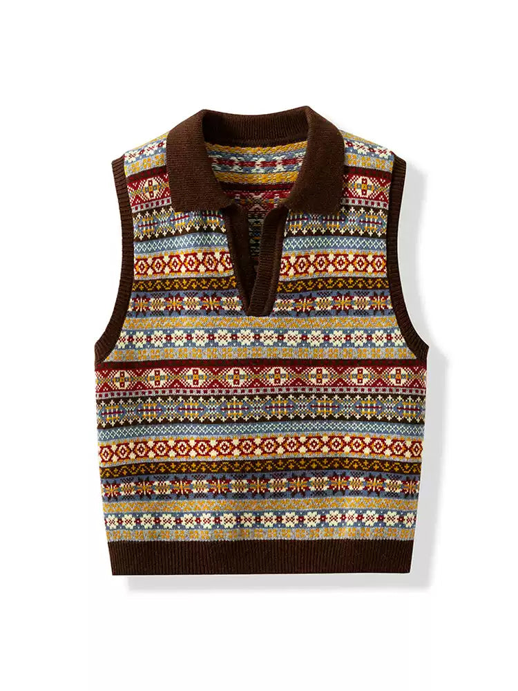 Fair Isle Jacquard Knit Vest for Women – French Vintage Scissor V-Neck Geometric Sweater Top