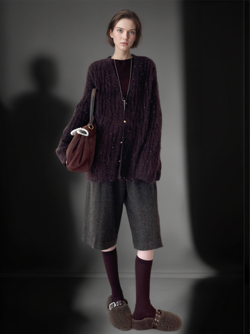 Women’s Luxury Mohair Blend Sequin Cardigan | Soft Shimmer Knit Sweater with Metallic Thread