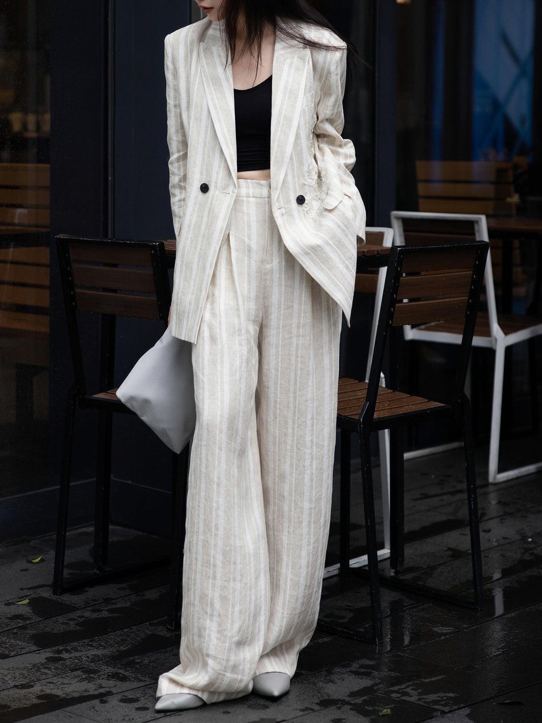 Retro Linen Beaded Short-Sleeve Shirt & Wide-Leg Pants Two-Piece Set