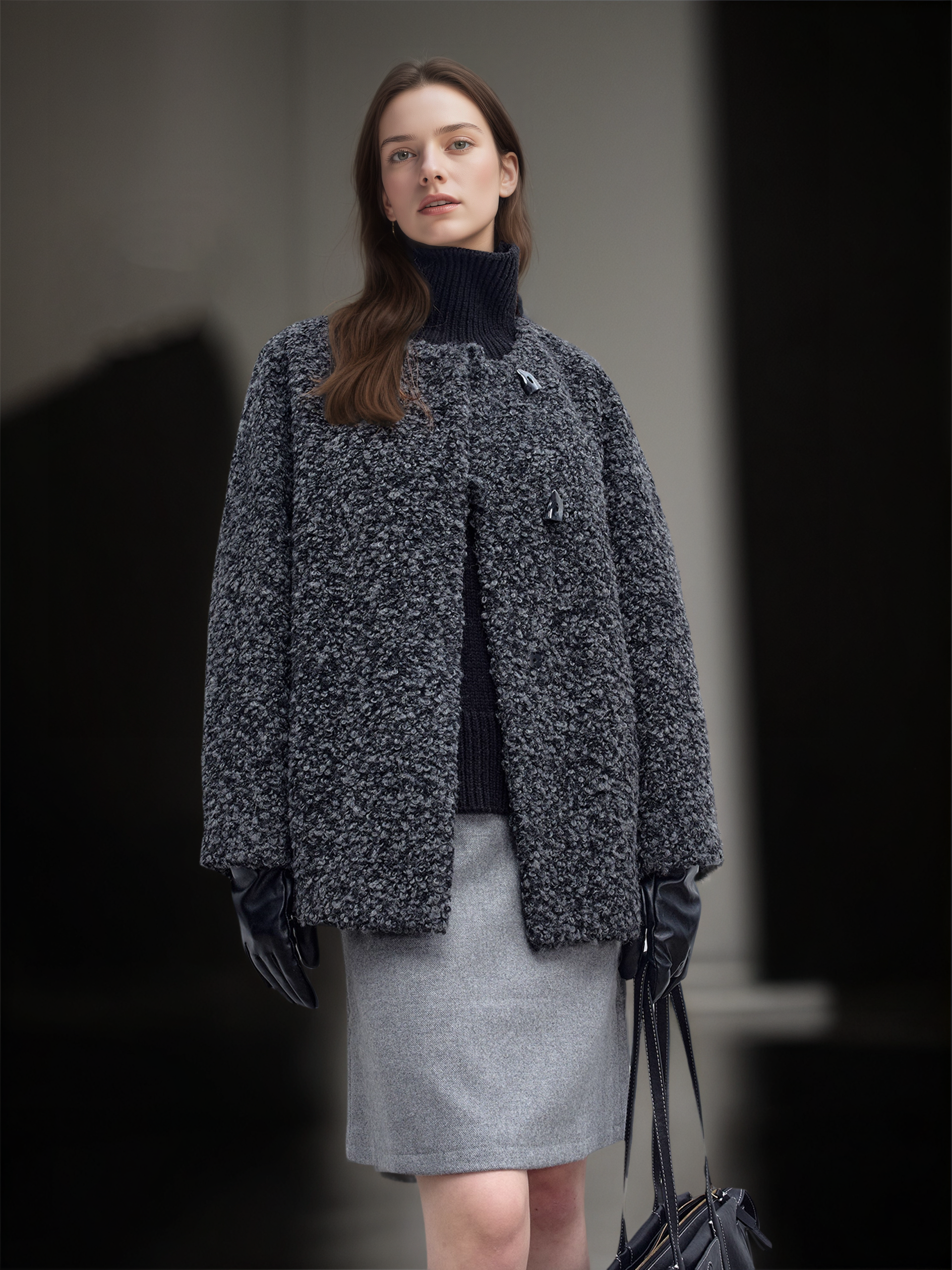 Women’s Short Wool Blend Coat with Alpaca Texture | Elegant Tweed Style Winter Jacket