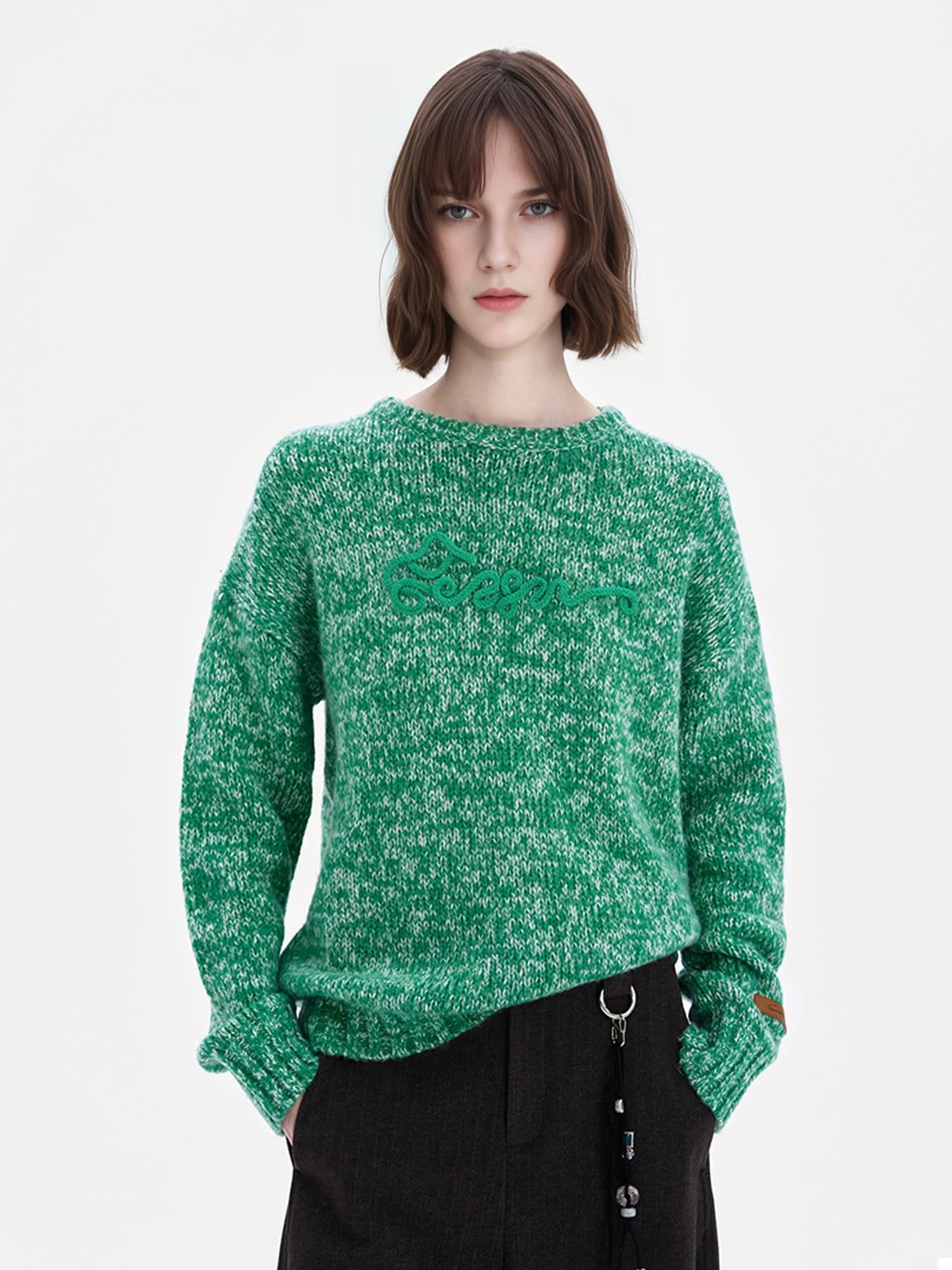 Green Wool Blend Speckled Knit Sweater for Women – Vintage Winter Pullover Top