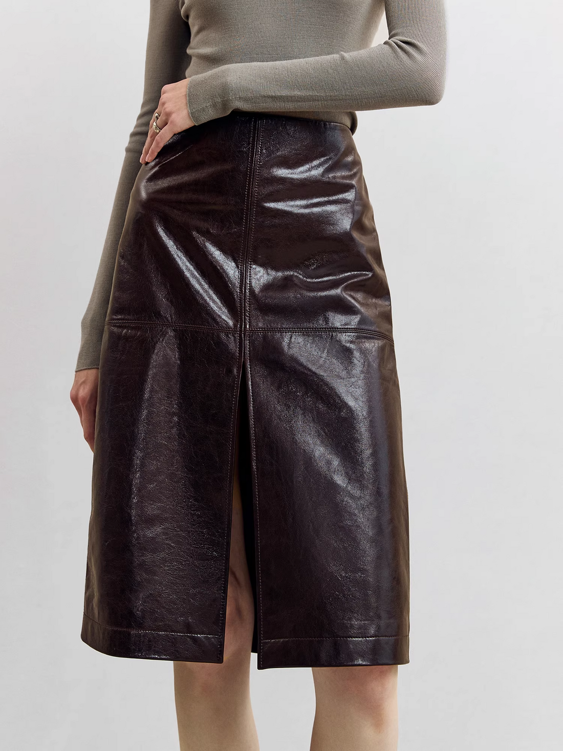 European Vegetable-Tanned Oiled Sheepskin Pencil Skirt | Split Hem Cross-Panel Leather Midi Skirt