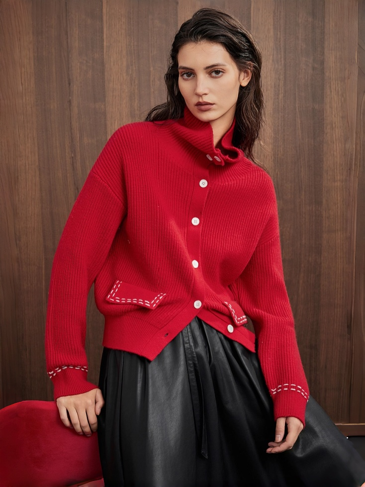 Red Knit Cardigan for Women – New Winter Merino Wool Cozy Christmas Sweater