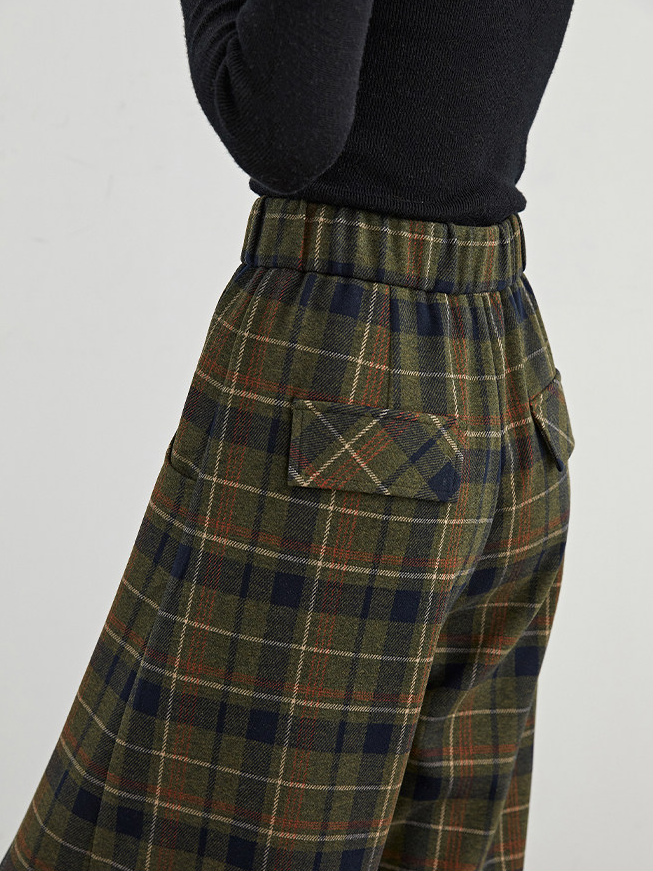 Women's Vintage Plaid Wide-Leg Pants – High-Waist Relaxed Fit Extended Casual Trousers with Elastic Waist