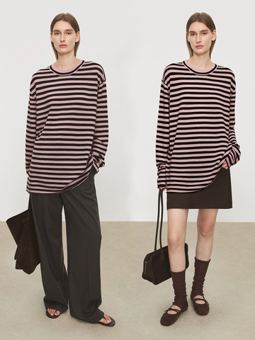 Minimalist Wool Striped Base Layer Top for Women – Coffee Brown & Soft Pink Fashion Knit