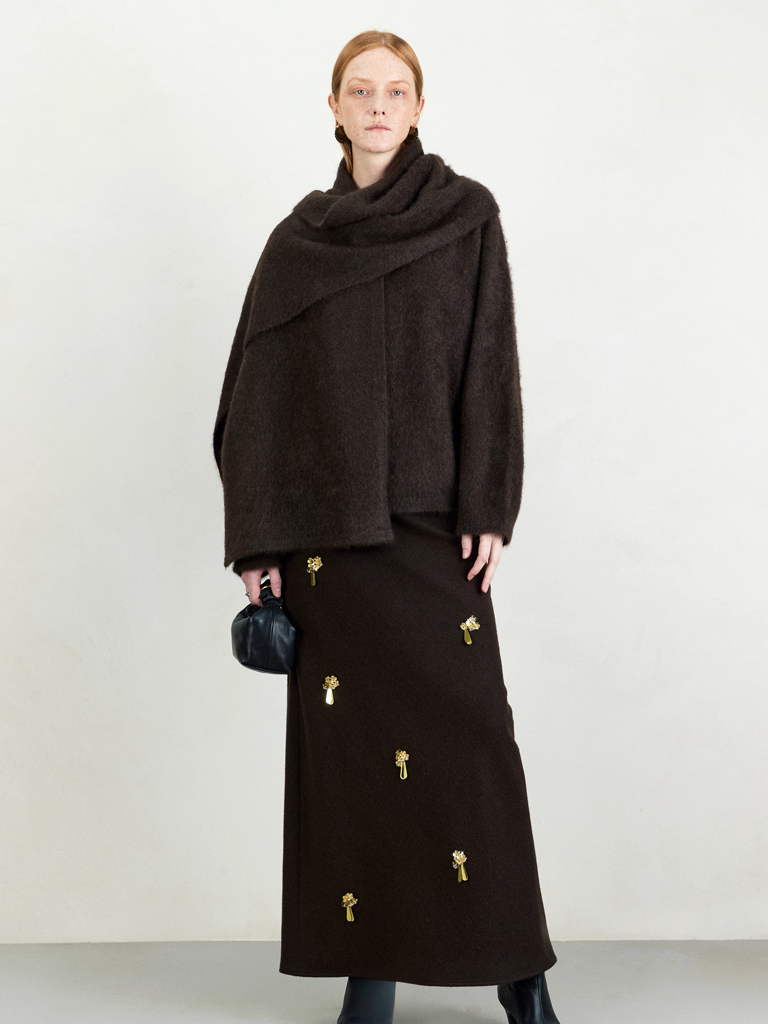 French Holiday Style Beaded Bias-Cut Wool Midi Skirt for Women – Slimming A-Line Design