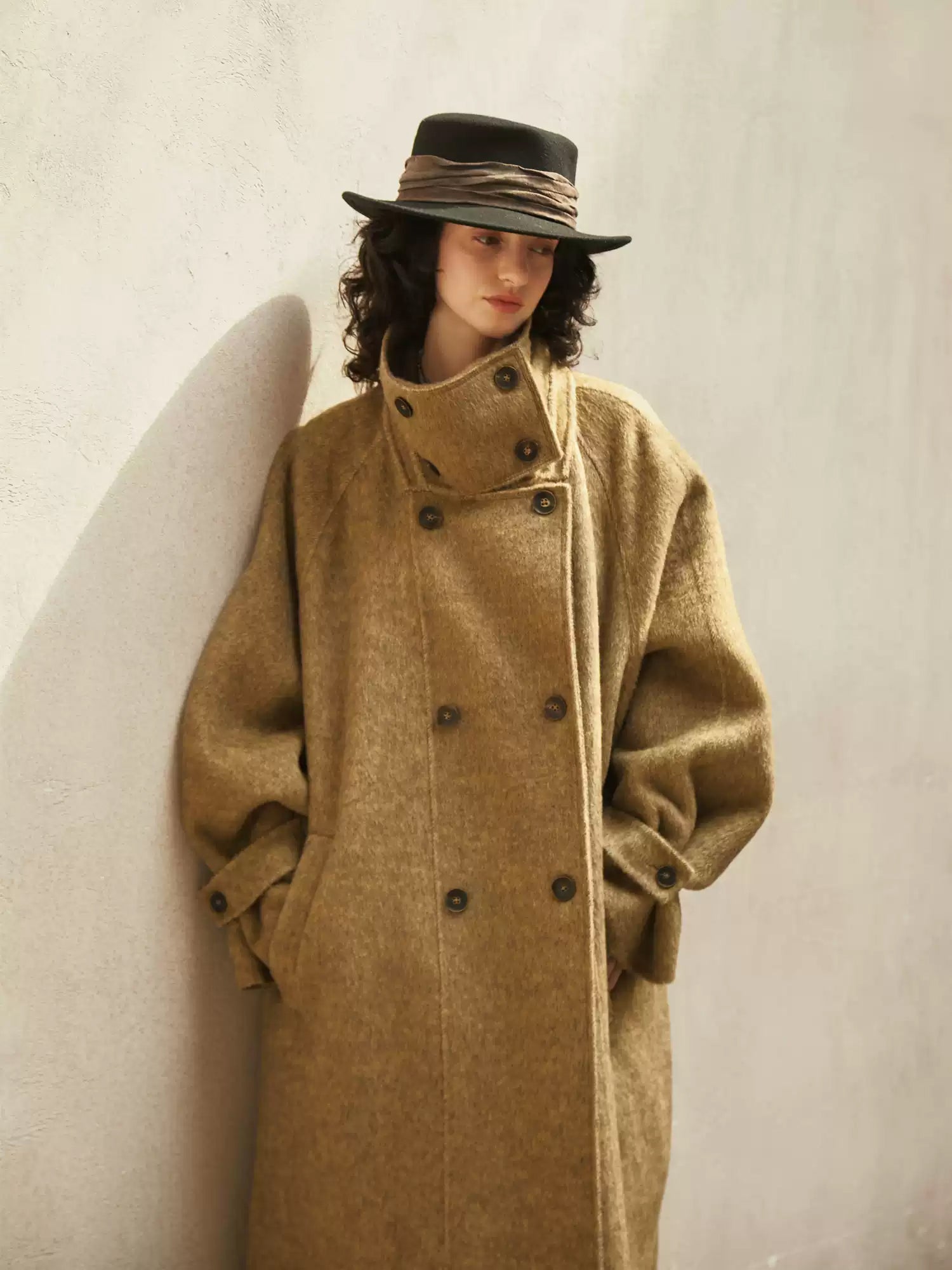 Vintage Double-Breasted Wool Cashmere Blend Coat for Women – Winter New Loose Silhouette, Mid-Length Double-Faced Wool Overcoat