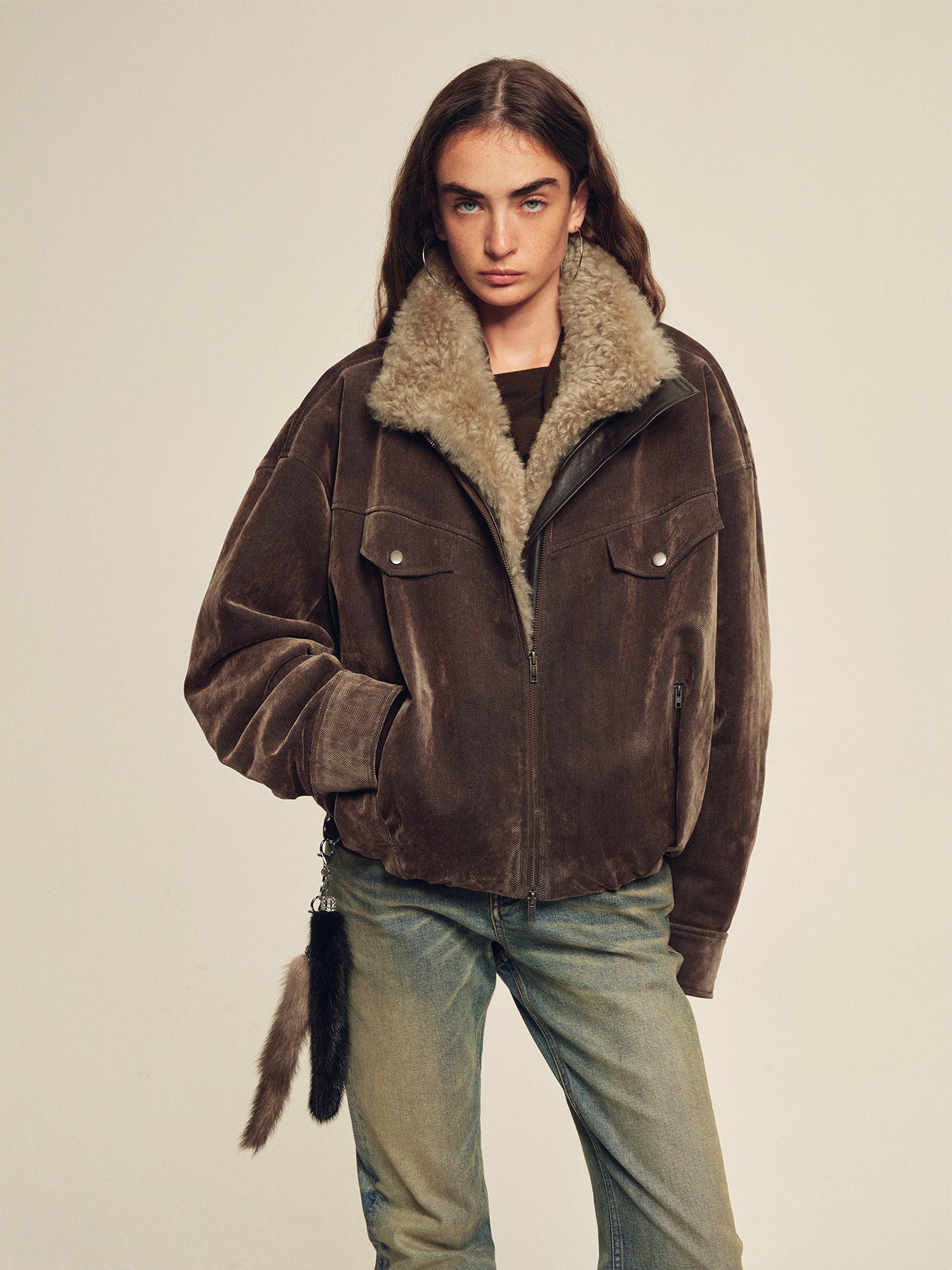 Detachable Wool-Collar Herringbone Sheepskin Parka – Camel-Wool Filled Winter Coat for Women