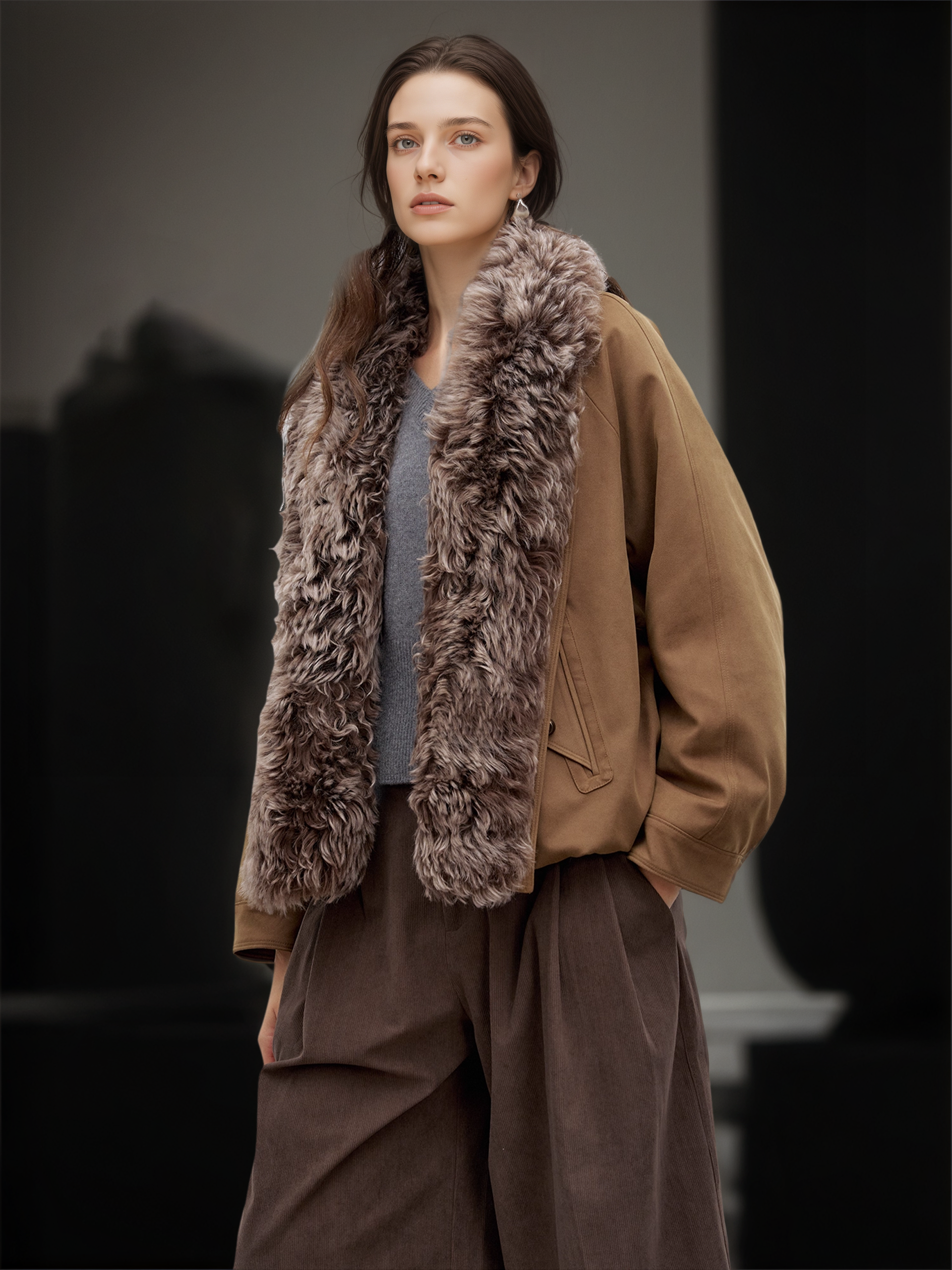 Women’s Short Down Parka with Shearling and  Fur Collar | 90% White Goose Down Winter Coat