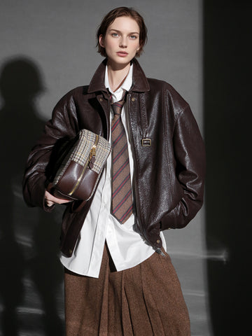 Luxury Collection Vegetable-Tanned Sheepskin Leather Jacket for Women – Stylish Webbing Trim Moto Outerwear