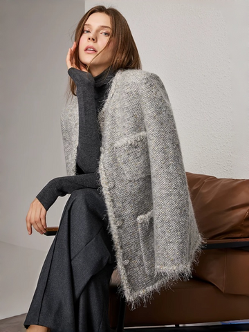 Women's Designer Wool Tweed Jacket with Fringe – Chic Spring Outerwear
