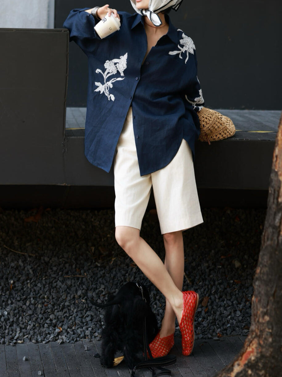 Autumn 100% Linen Heavy-Embroidered Shirt