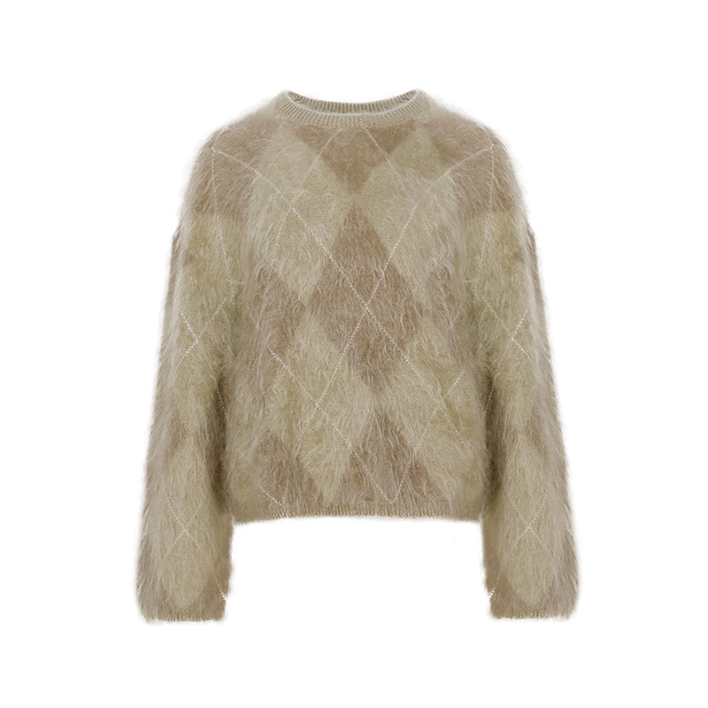 Heavyweight Brushed Knit Vintage Diamond-Pattern Sweater for Women