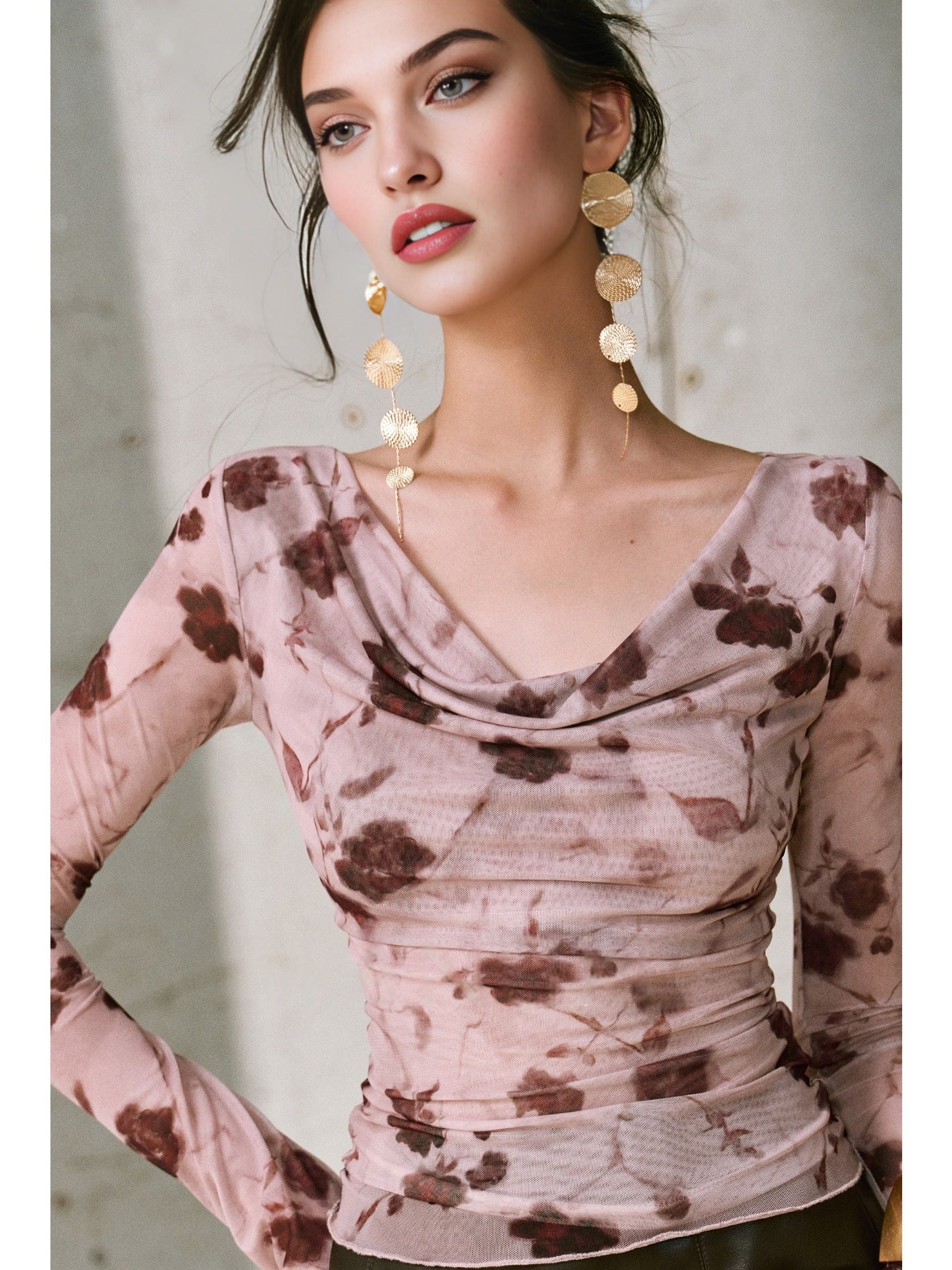 Women’s Sheer Gauze Slim Fit Top – Gold Thread, Artistic Print, Draped Lace Collar