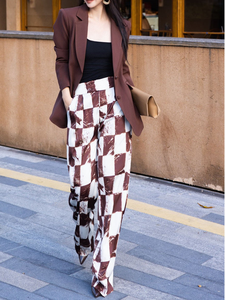 Autumn Two-Piece Set for Women – High-End Coffee Color Plaid Blazer & Trousers, Stylish Tailored Suit