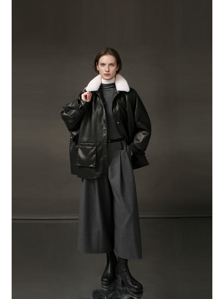 Women’s Biker-Style Shearling Down Jacket – Trendy Short White Goose Down Coat for Winter