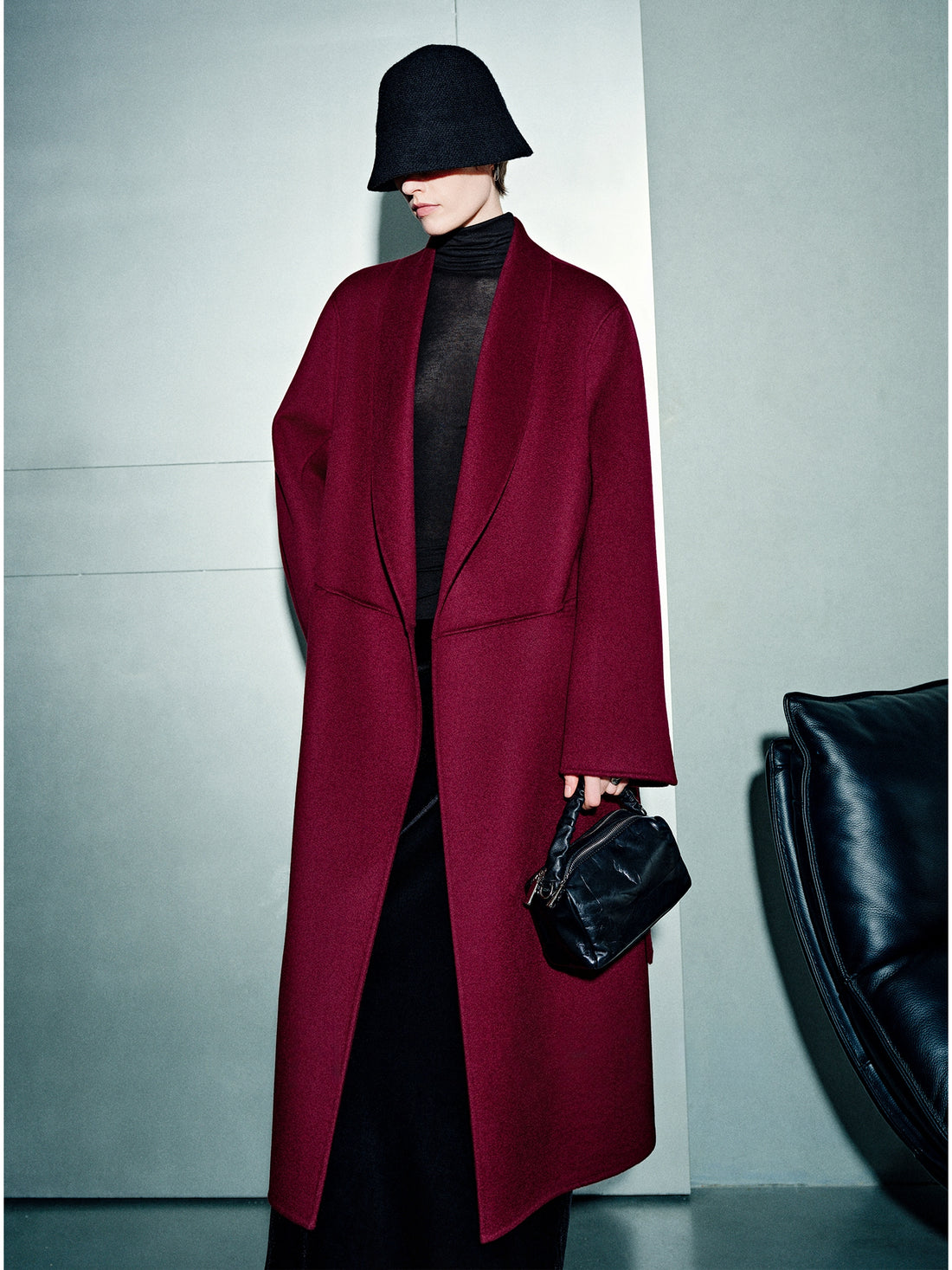 100% Cashmere Double-Faced Wool Coat for Women – Long Wine Red Overcoat