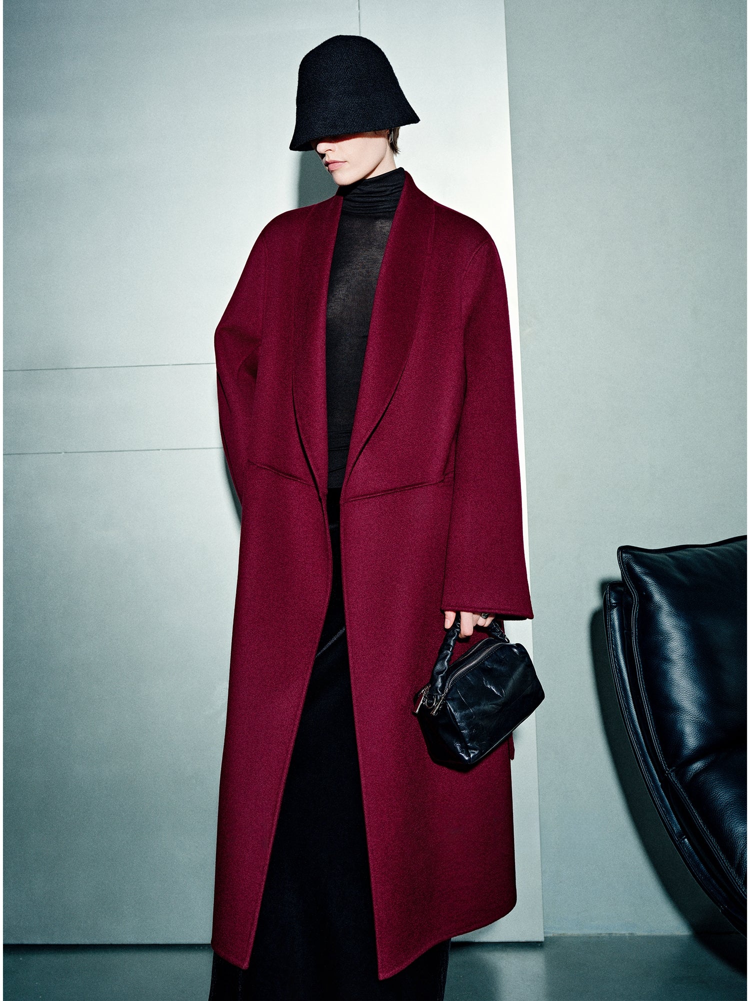 100% Cashmere Double-Faced Wool Coat for Women – Long Wine Red Overcoat