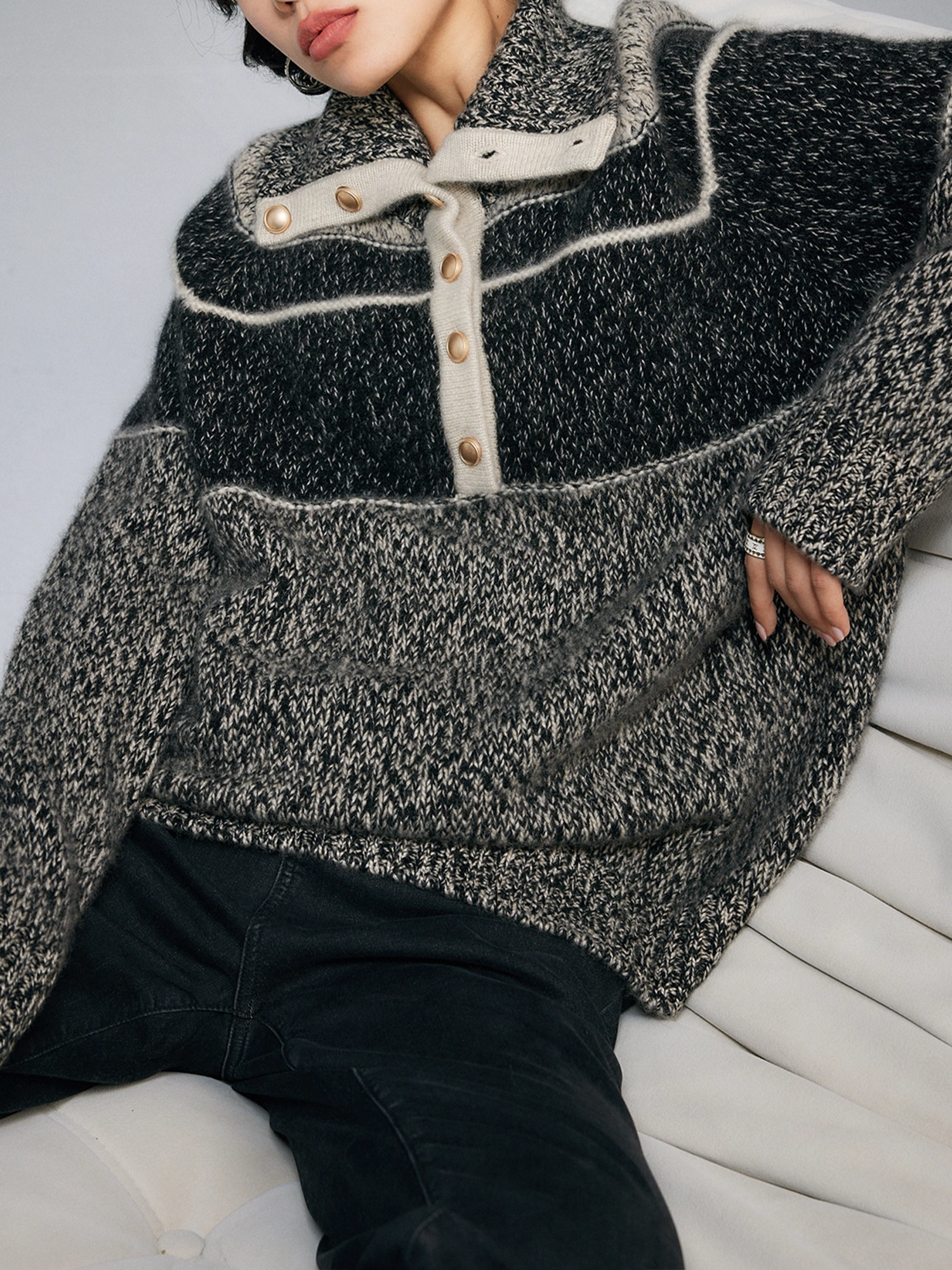 Pure Cashmere French-Style Collar Sweater – Premium Gray Contrast-Color Knit Top