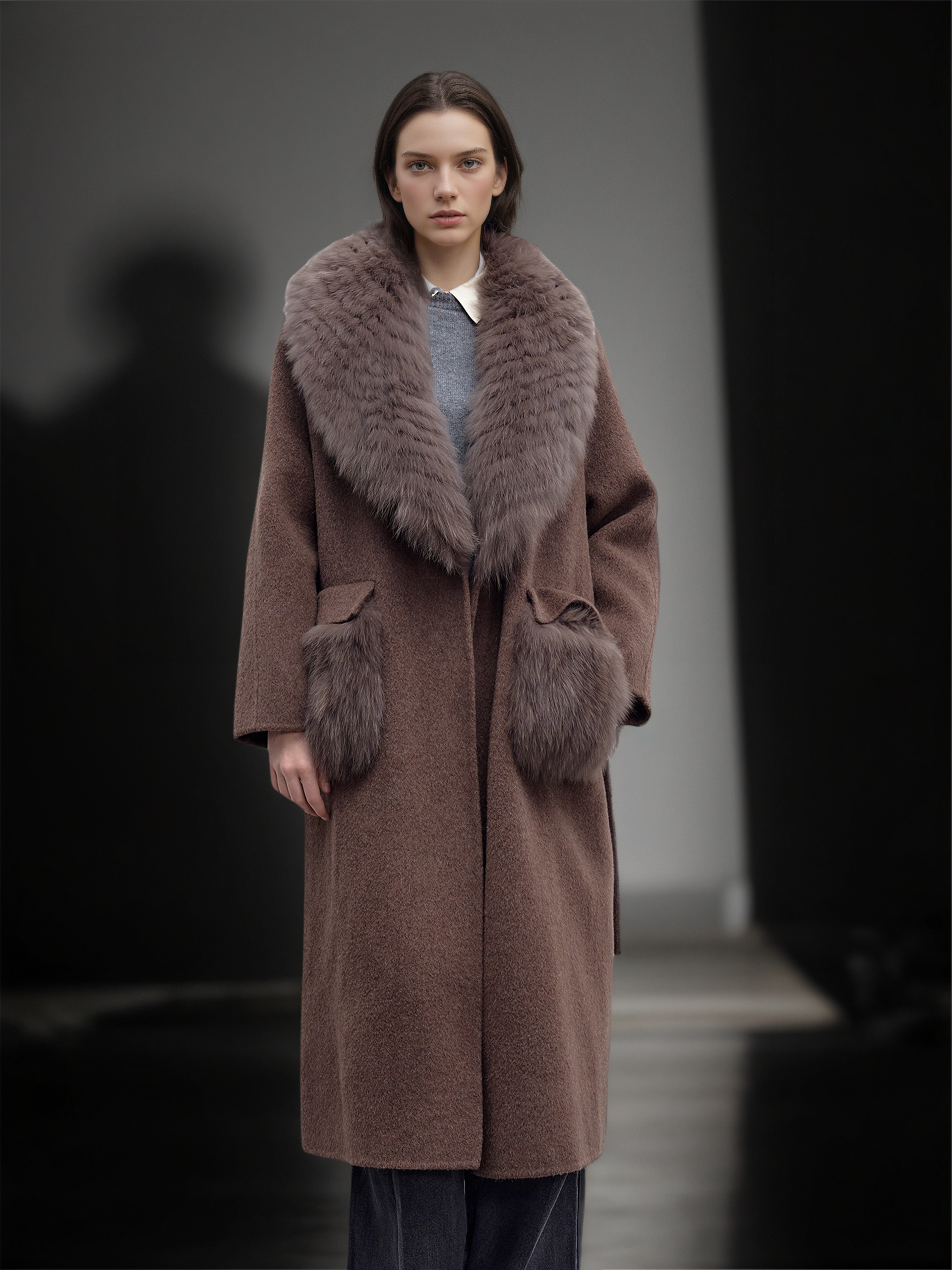 Women’s Long Double-Faced Wool Coat with Fox Fur Collar | 2025 Winter Wool Overcoat