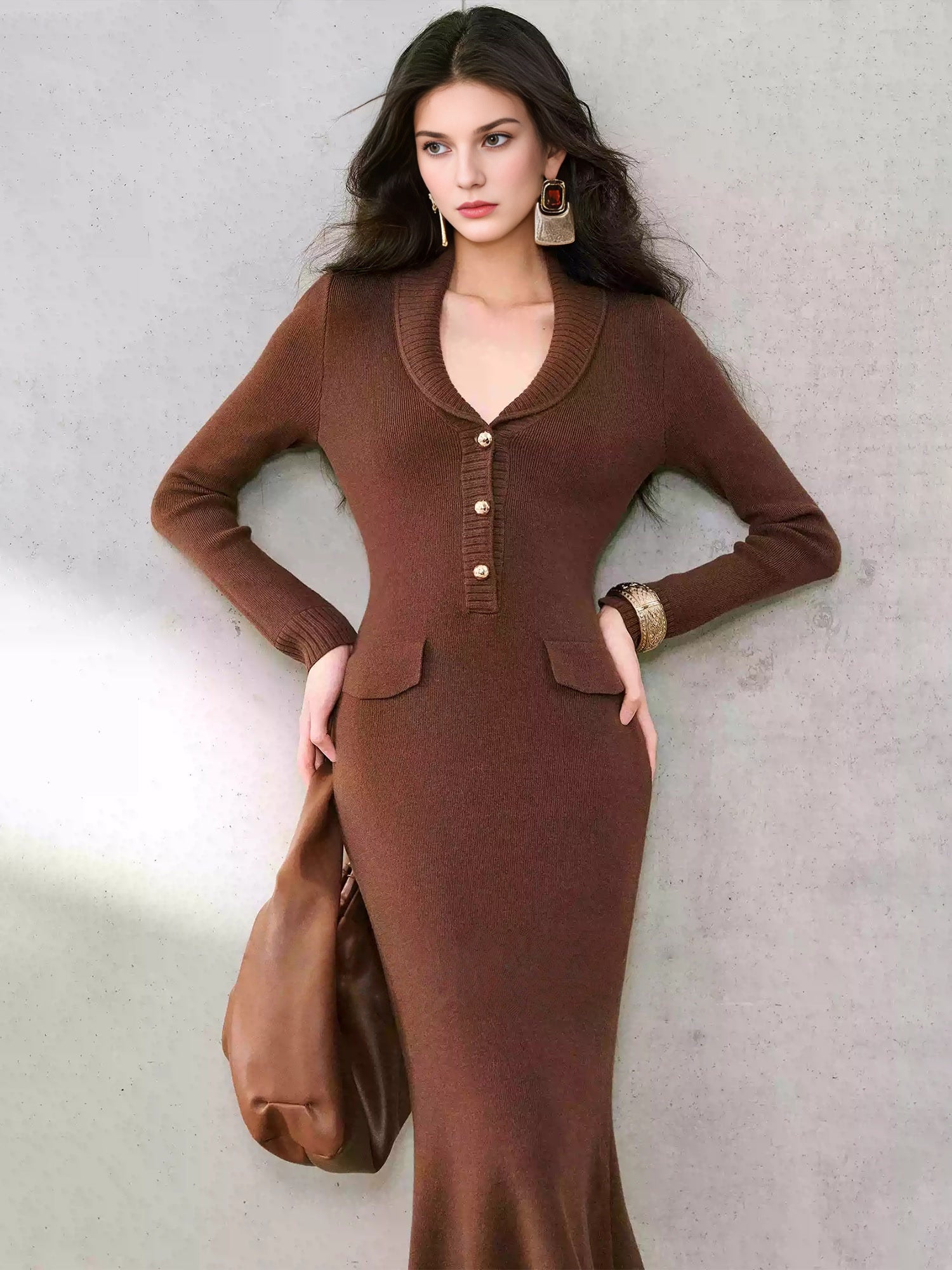 High-Gauge Modal Stretch Knit Fishtail Dress — Folded V-Neck, Gold Buttons & Curved Silhouette Design